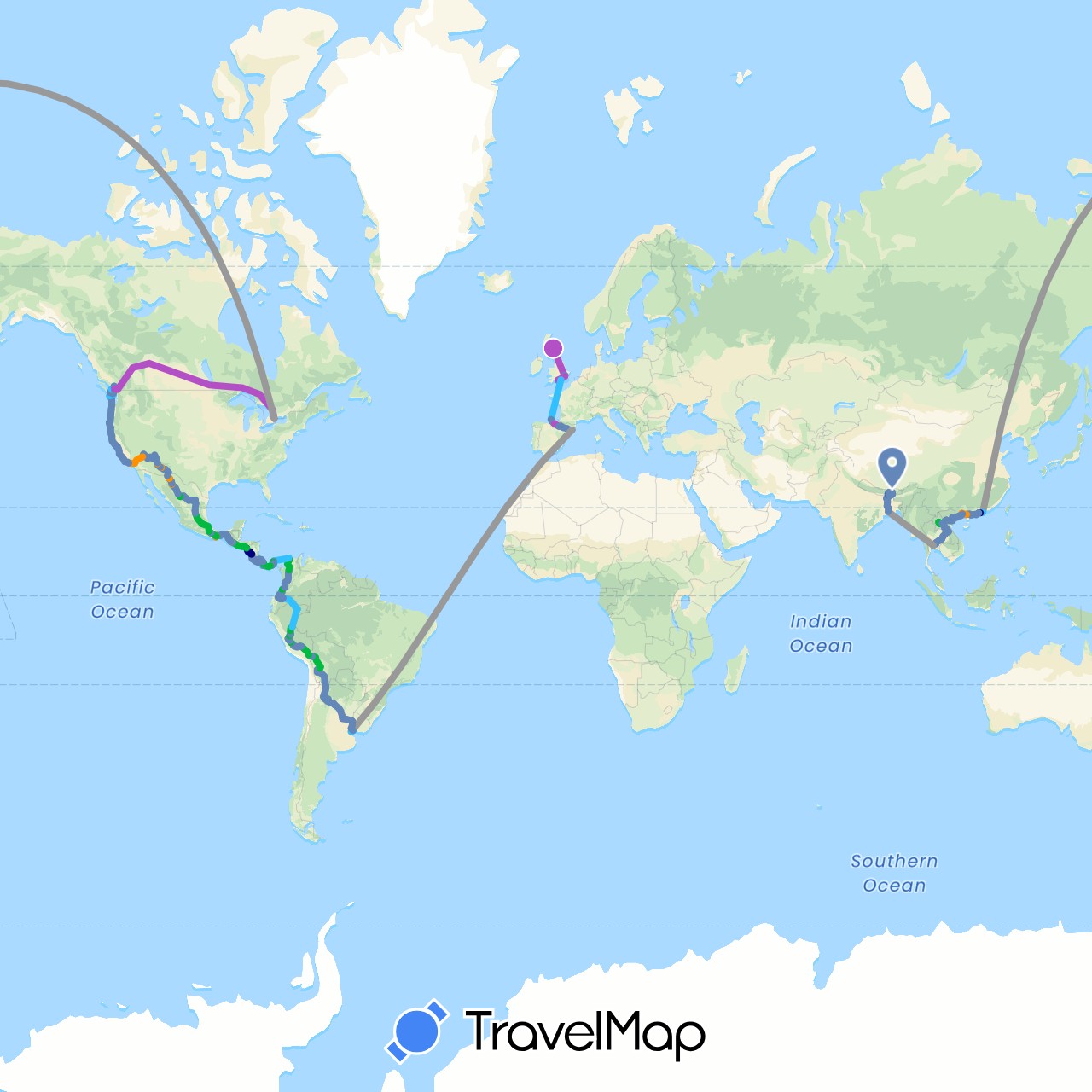 TravelMap itinerary: driving, bus, plane, cycling, train, boat, hitchhiking in Argentina, Bolivia, Bhutan, Canada, China, Colombia, Costa Rica, Ecuador, Spain, United Kingdom, Guatemala, Honduras, India, Laos, Mexico, Nicaragua, Panama, Peru, El Salvador, Thailand, United States, Uruguay, Vietnam (Asia, Europe, North America, South America)